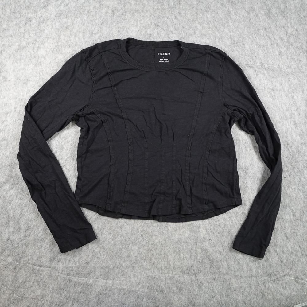 Pilcro Top Women Large Black Exposed Seam Raw Hem Cotton Long Sleeve Tee